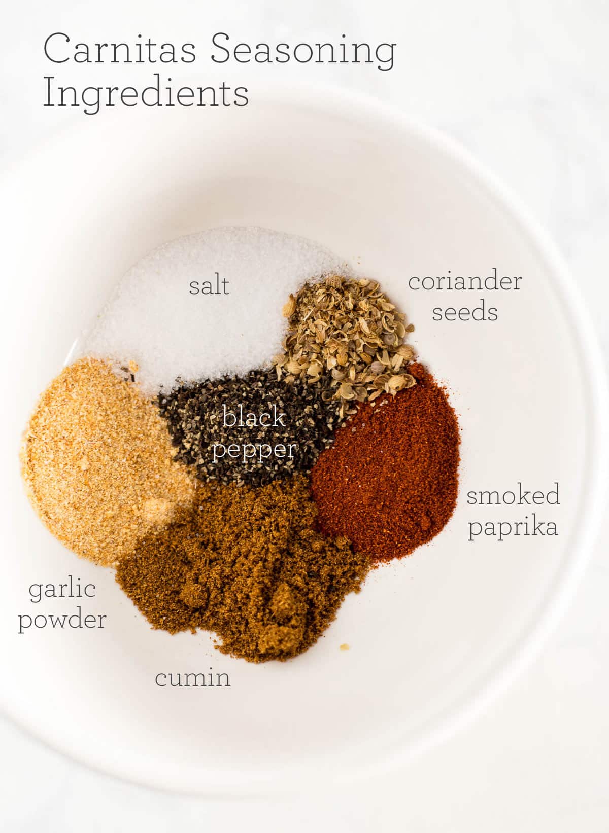 Spices to make pork carnitas with text overlay
