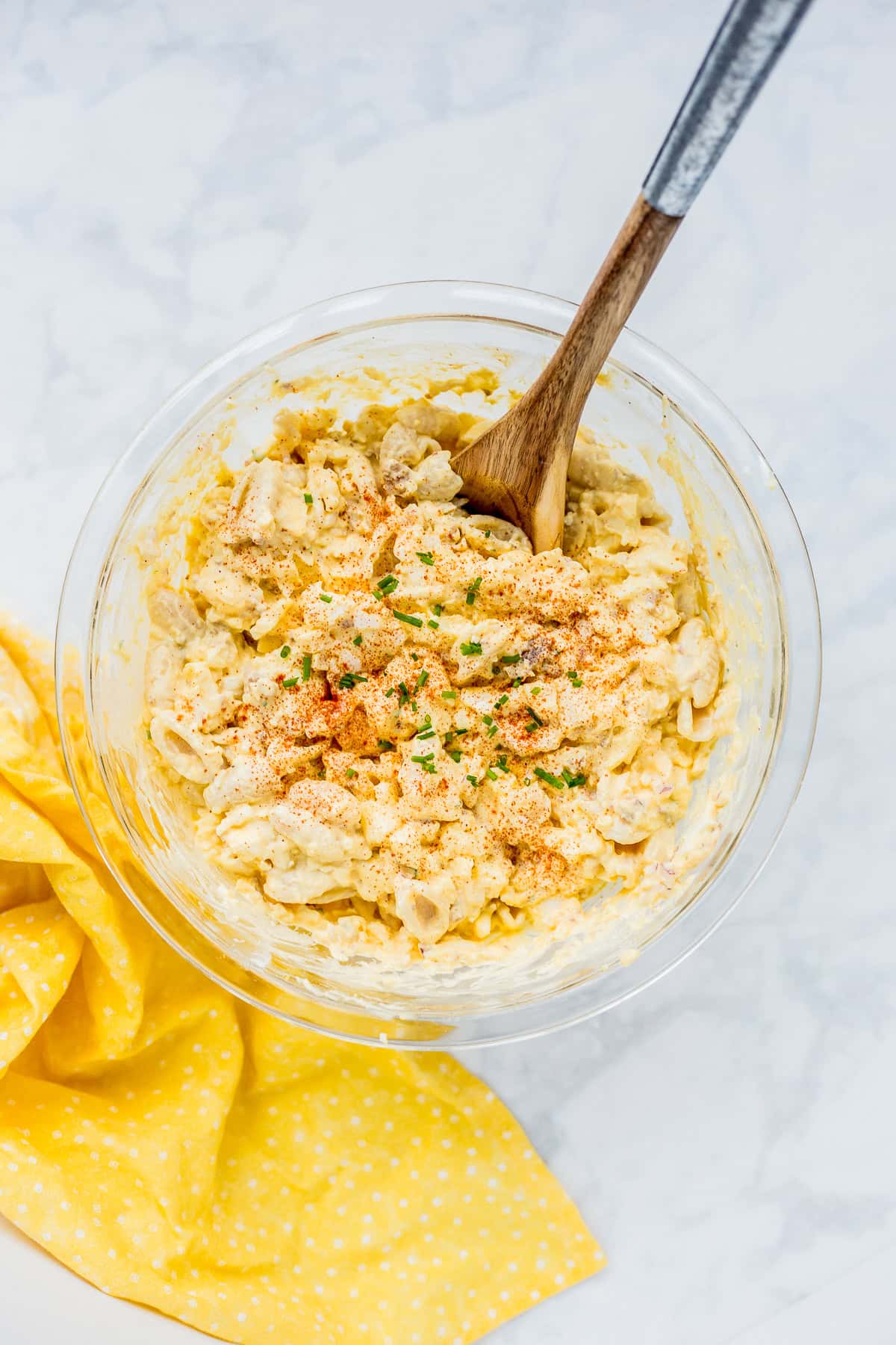 Deviled Egg Pasta Salad in a bowl