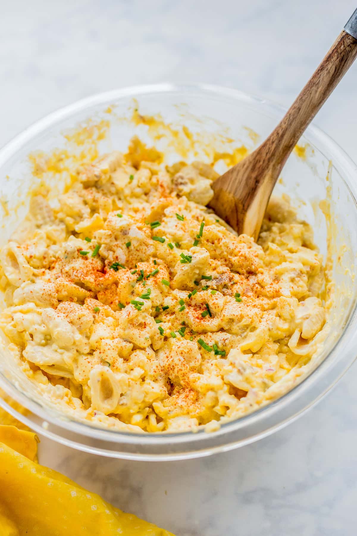 Close up of Deviled Egg Pasta Salad in a bowl
