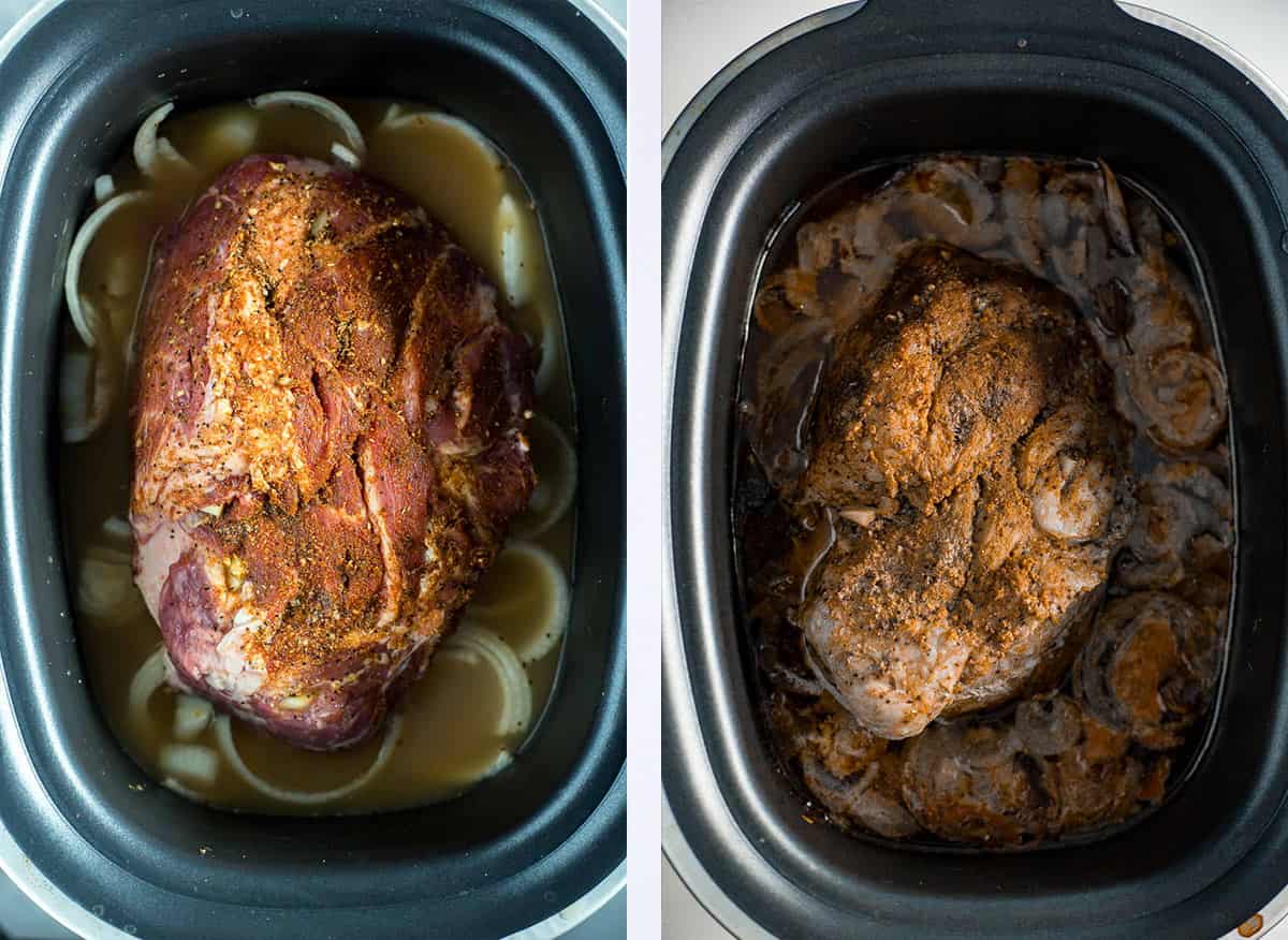Side by side image of pork carnitas before and after cooking in a slow cooker