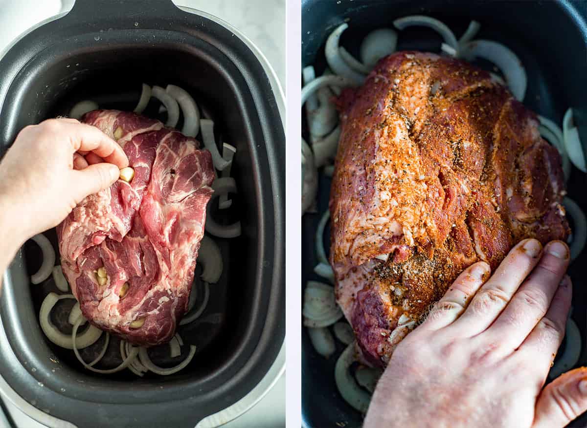Side by side image of seasoning pork to make carnitas