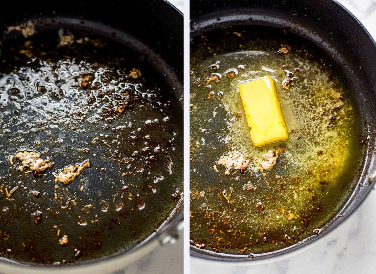 Two process photos showing the fond from chicken breasts and using it to make garlic butter sauce