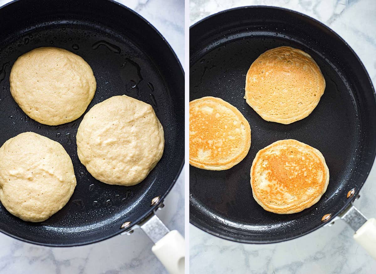 Side by side images cooking both sides of keto almond flour pancakes in pan