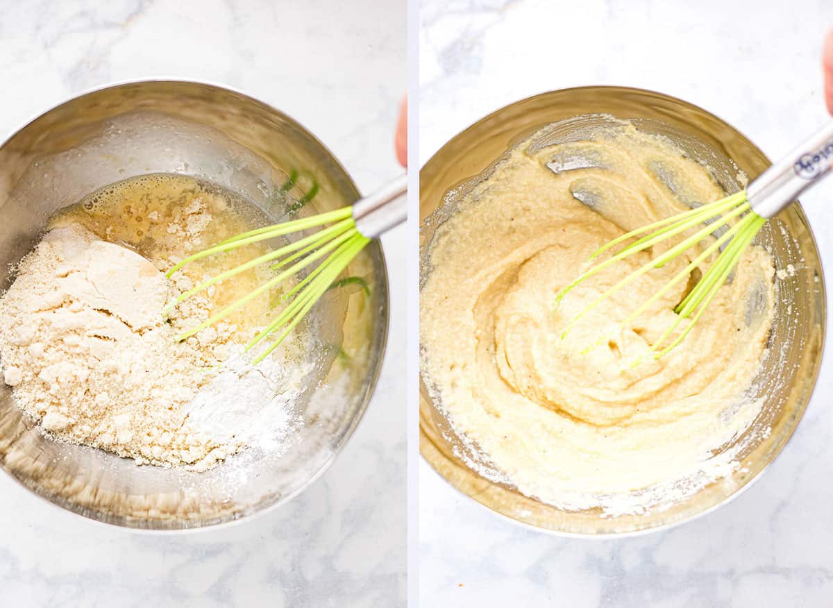 Side by side images showing making almond flour keto pancakes batter