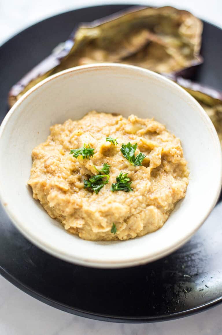 Eggplant dip in a white bowl